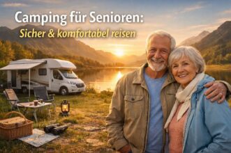 Camping für Senioren mit Wohnwagen oder Wohnmobil [Bildinhalt mit KI erstellt]