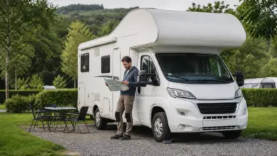 Alkoven-Wohnmobil auf einem ruhigen Campingplatz [Bildinhalt mit KI erstellt]