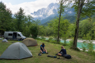 Campingplatz mit Zelten und Campervan im slowenischen Soča-Tal [Bildinhalt mit KI erstellt]