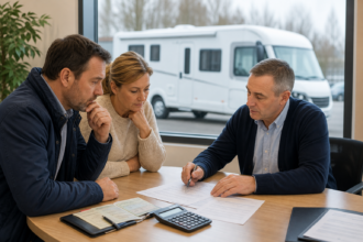 Paar bespricht mit einem Finanzberater Budget und Gesamtkosten einer Wohnmobilfinanzierung [Bildinhalt mit KI erstellt]