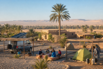 Einfacher Campingplatz mit Campervan und Zelten am Rand einer ägyptischen Oase [Bildinhalt mit KI erstellt]