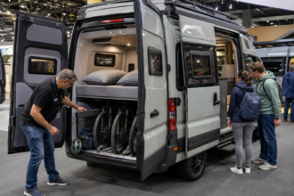 Messebesucher prüfen Bett, Fahrradgarage und Stauraum eines neuen sportlichen Campervans [Bildinhalt mit KI erstellt]