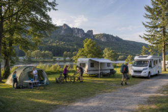 Zelte, Wohnwagen und Wohnmobil auf einem Campingplatz in der Sächsischen Schweiz [Bildinhalt mit KI erstellt]