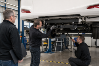 Mechaniker montieren Querträger und Elektroleitung einer Anhängerkupplung am angehobenen Wohnmobil [Bildinhalt mit KI erstellt]