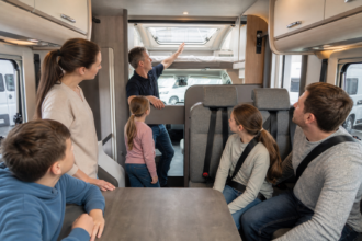 Familie mit drei Kindern prüft beim Händler Sitzplätze, Gurte und Schlafbereich eines Wohnmobils [Bildinhalt mit KI erstellt]