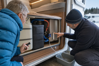 Techniker und Wohnmobilbesitzer prüfen im Winter ein Frostschutzventil und entleeren das Wassersystem kontrolliert [Bildinhalt mit KI erstellt]