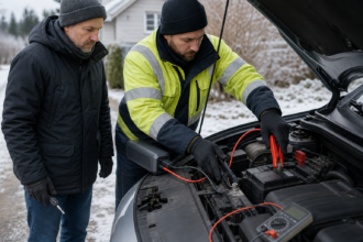 Pannenhelfer verbindet einen Starthilfe-Booster korrekt mit Pluspol und Massepunkt einer Autobatterie [Bildinhalt mit KI erstellt]