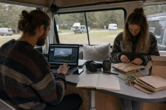 Vanlife-Reisende bearbeiten Fotos und verpacken Bestellungen am Arbeitsplatz im Campervan [Bildinhalt mit KI erstellt]