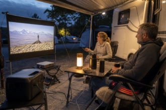 Paar nutzt Projektor, Akku-Lampe, Powerstation und beheizte Sitzauflage unter der Wohnmobilmarkise [Bildinhalt mit KI erstellt]