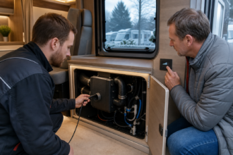 Techniker kontrolliert Heizgerät und Warmluftschläuche während der Wohnmobilbesitzer den Thermostat einstellt [Bildinhalt mit KI erstellt]