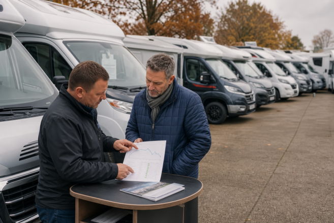 Käufer und Händler besprechen vor einer großen Reihe verfügbarer Wohnmobile die aktuelle Preisentwicklung [Bildinhalt mit Ki bearbeitet]