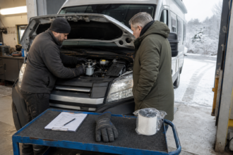 Mechaniker kontrolliert Kraftstofffilter und Batterie eines Diesel-Wohnmobils vor einer Winterfahrt [Bildinhalt mit KI erstellt]
