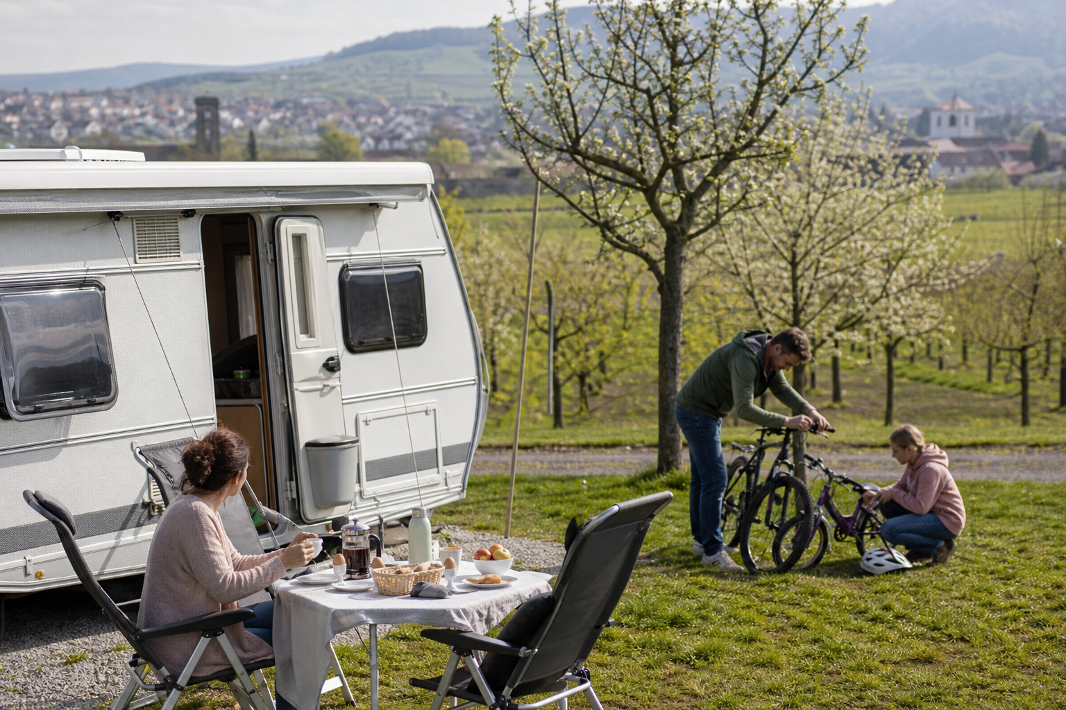 Familie verbringt das Osterwochenende mit Wohnwagen in einer blühenden Obstregion [Bildinhalt mit KI erstellt]