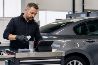 Mechaniker misst ein Kraftstoffadditiv für die fachgerechte Anwendung am Auto ab [Bildinhalt mit Ki bearbeitet]