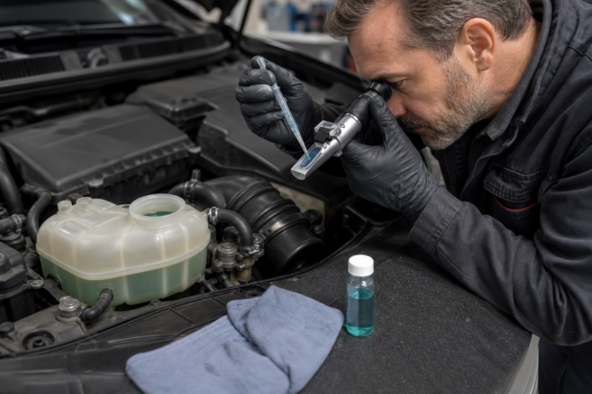 Mechaniker prüft den Frostschutz einer Kühlmittelprobe mit einem Refraktometer [Bildinhalt mit Ki bearbeitet]