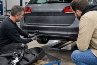 Techniker setzt eine abnehmbare Anhängerkupplung am Heck eines Autos ein [Bildinhalt mit KI erstellt]