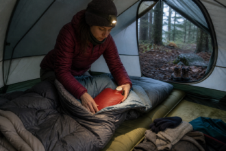 Camper bereitet Isomatte, Schlafsack und warme Kleidung für eine kühle Zeltnacht vor [Bildinhalt mit KI erstellt]