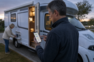 Camperreisende kontrollieren am Stellplatz Batterie, Wasserstand, Licht und Temperatur per Smartphone-App [Bildinhalt mit KI erstellt]