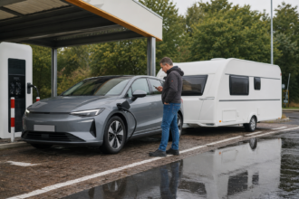 Elektroauto mit leichtem Wohnwagen an einer durchfahrbaren Ladestation [Bildinhalt mit KI erstellt]
