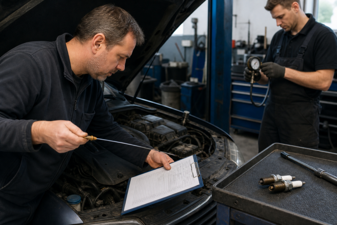 Mechaniker kontrolliert Ölstand und Zündkerzen bei einem Auto mit erhöhtem Ölverbrauch [Bildinhalt mit Ki bearbeitet]