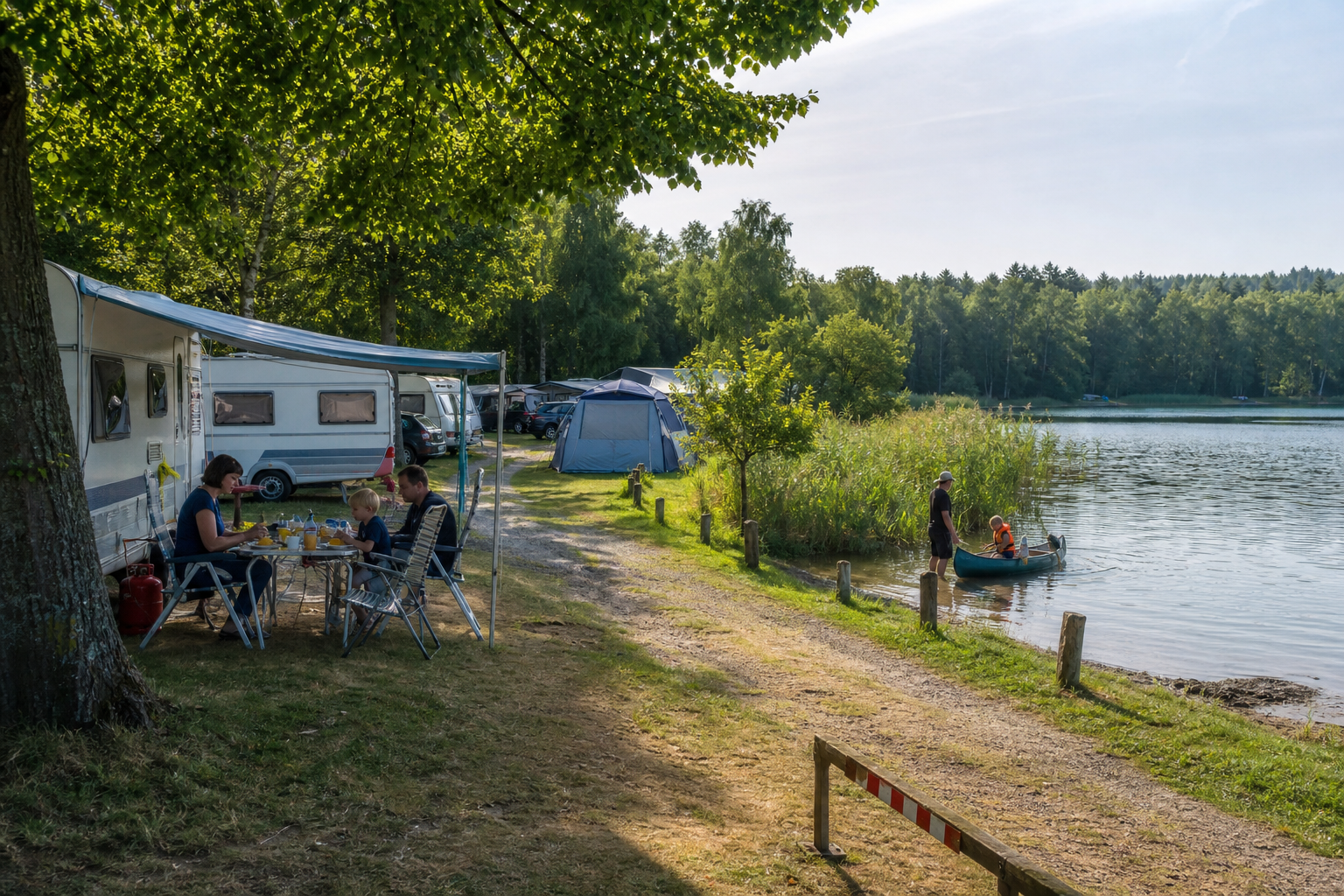 Camper bringen ein Kanu von einem Campingplatz zu einem See in Deutschland [Bildinhalt mit Ki bearbeitet]