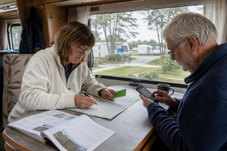 Reisende planen im Wohnmobil eine Route mit Campingkarte, Stellplatzverzeichnis und Landkarte [Bildinhalt mit KI erstellt]
