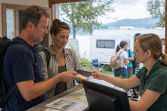 Reisender legt an einer Campingplatz-Rezeption eine internationale Campingkarte vor [Bildinhalt mit KI erstellt]