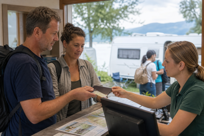 Reisender legt an einer Campingplatz-Rezeption eine internationale Campingkarte vor [Bildinhalt mit Ki bearbeitet]