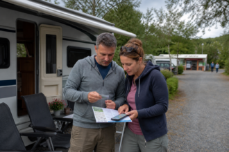 Reisende vergleichen eine Camping-Rabattkarte mit einem Stellplatzverzeichnis und einer Routenkarte [Bildinhalt mit KI erstellt]