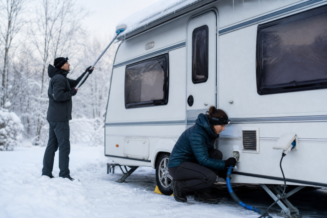 Camper räumen Schnee und kontrollieren Wasserleitung, Stromanschluss und Lüftung ihres Wohnwagens [Bildinhalt mit Ki bearbeitet]