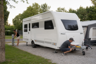 Camper richten einen modernen Premium-Wohnwagen auf einem voll ausgestatteten Stellplatz aus [Bildinhalt mit Ki bearbeitet]