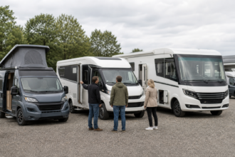 Kaufinteressenten vergleichen Campervan, teilintegriertes und vollintegriertes Wohnmobil [Bildinhalt mit Ki bearbeitet]