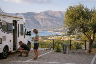 Reisepaar prüft auf einem Campingplatz an der albanischen Riviera Route und Fahrzeug vor der Weiterfahrt [Bildinhalt mit KI erstellt]
