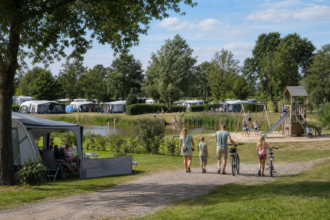 Familie fährt mit Fahrrädern über einen Feriencampingplatz in den Niederlanden [Bildinhalt mit KI erstellt]