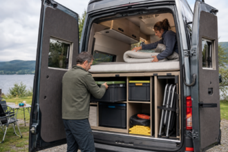 Campingpaar ordnet modulare Stauboxen und verbessert die Matratzenauflage im Heck eines großen Kastenwagens [Bildinhalt mit KI erstellt]