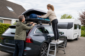 Campingpaar verstaut leichte Schlafsäcke und Isomatten gleichmäßig und gesichert in einer Dachbox [Bildinhalt mit KI erstellt]