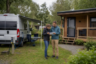 Paar vergleicht einen kompakten Campervan mit einer festen Ferienunterkunft [Bildinhalt mit KI erstellt]