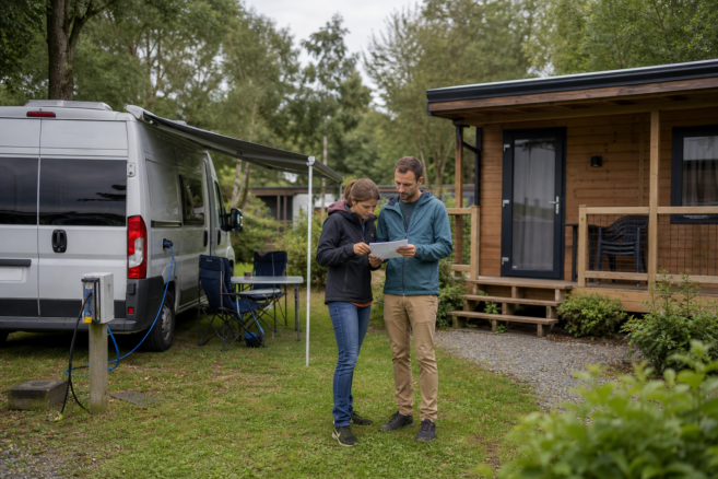 Paar vergleicht einen kompakten Campervan mit einer festen Ferienunterkunft [Bildinhalt mit Ki bearbeitet]