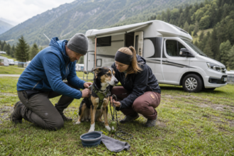 Camper legen ihrem Hund auf einem österreichischen Alpencampingplatz das Wandergeschirr an [Bildinhalt mit KI erstellt]