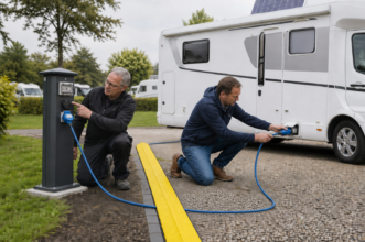 Wohnmobilbesitzer verbindet ein vollständig abgewickeltes CEE-Kabel sicher mit Stromsäule und Fahrzeuganschluss [Bildinhalt mit KI erstellt]