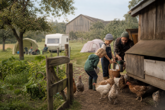 Kinder sammeln mit einem Landwirt Eier neben dem kleinen Campingplatz auf dem Bauernhof [Bildinhalt mit Ki bearbeitet]