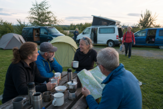 Alleinreisende Camper im Gespräch an einem gemeinsamen Campingtisch [Bildinhalt mit KI erstellt]