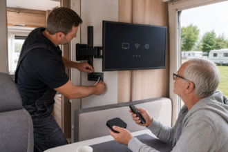 Techniker montiert im Wohnmobil einen kompakten Fernseher mit Schwenkhalterung, Strom- und Antennenanschluss [Bildinhalt mit KI erstellt]