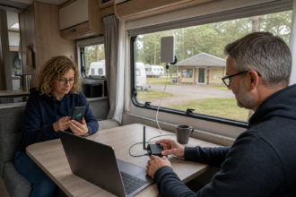 Campingpaar richtet im Wohnwagen einen WLAN-Repeater mit Fensterantenne, Laptop und Smartphone ein [Bildinhalt mit KI erstellt]