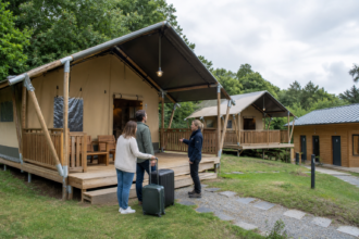 Gäste beziehen ein professionell ausgestattetes Safari-Zelt auf einem Glampingplatz in Deutschland [Bildinhalt mit KI erstellt]