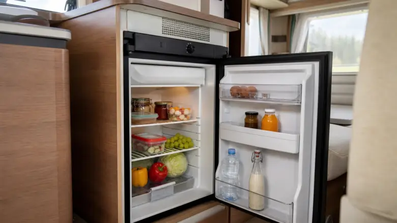Geöffneter Kühlschrank in einer Wohnmobilküche [Bildinhalt mit Ki bearbeitet]